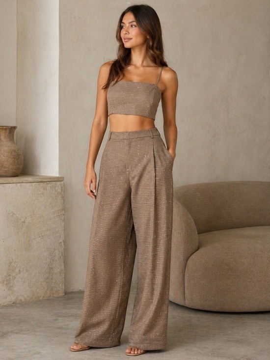 House of Harlow 1960 Pants - House of Harlow 1960 Taupe Wide-Leg Trouser Crop Top Pant Set